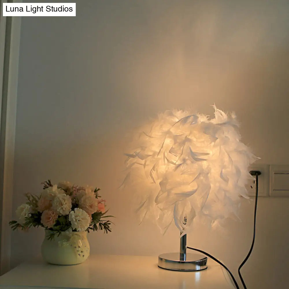 Nordic Feather Cylinder Nightstand Lamp - Elegant 1 Bulb Table Light For Bedroom With White/Chrome