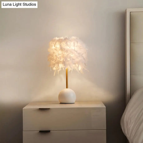 Nordic Feather Cylinder Nightstand Light - Bedroom Table Lamp With Dome Pedestal