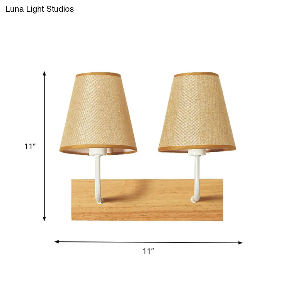 Nordic Flaxen Cone Shade Wall Mounted Light With Wood Backplate - 2 Bulbs Sconce Fixture