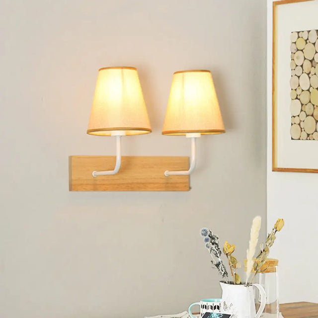 Nordic Flaxen Cone Shade Wall Mounted Light With Wood Backplate - 2 Bulbs Sconce Fixture