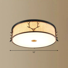 Nordic Foyer Charm: Fabric Drum Flush Mount Ceiling Light With Decorative Antler Accents Black / 16’