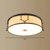 Nordic Foyer Charm: Fabric Drum Flush Mount Ceiling Light With Decorative Antler Accents Black /