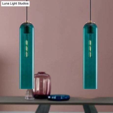 Nordic Green Glass Tubular Pendant Light - Stylish Ceiling Hanging Lamp For Bedroom