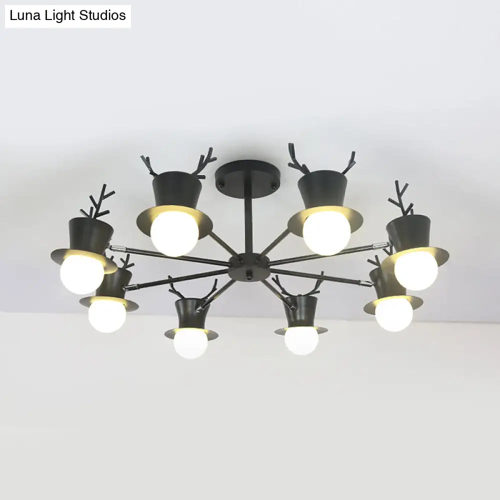Nordic Grey/Black 5/8-Head Rotatable Chandelier Light With Antler Cap Iron Shade
