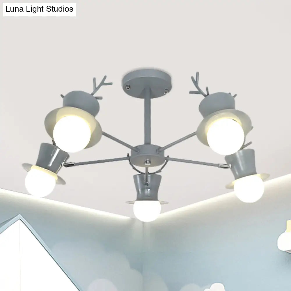 Nordic Grey/Black 5/8-Head Rotatable Chandelier Light With Antler Cap Iron Shade