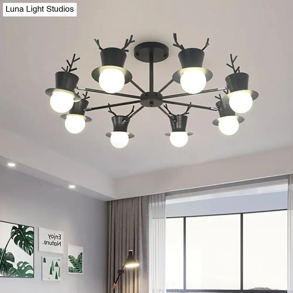 Nordic Grey/Black 5/8-Head Rotatable Chandelier Light With Antler Cap Iron Shade