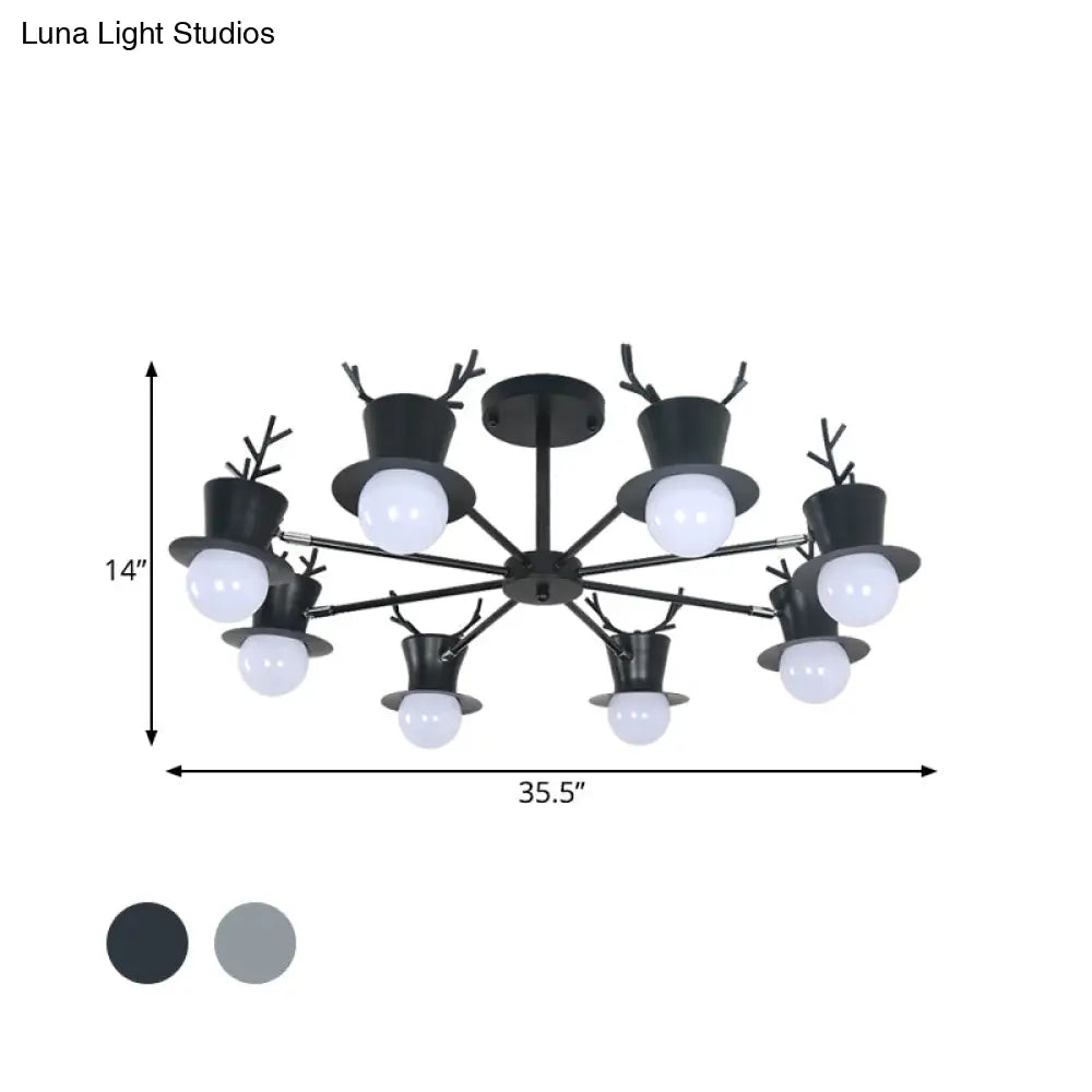 Nordic Grey/Black 5/8-Head Rotatable Chandelier Light With Antler Cap Iron Shade