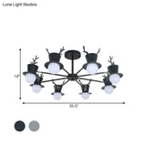 Nordic Grey/Black 5/8-Head Rotatable Chandelier Light With Antler Cap Iron Shade