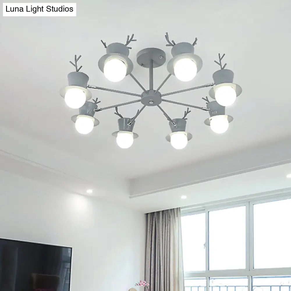 Nordic Grey/Black 5/8-Head Rotatable Chandelier Light With Antler Cap Iron Shade