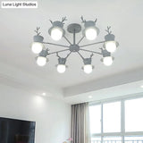 Nordic Grey/Black 5/8-Head Rotatable Chandelier Light With Antler Cap Iron Shade