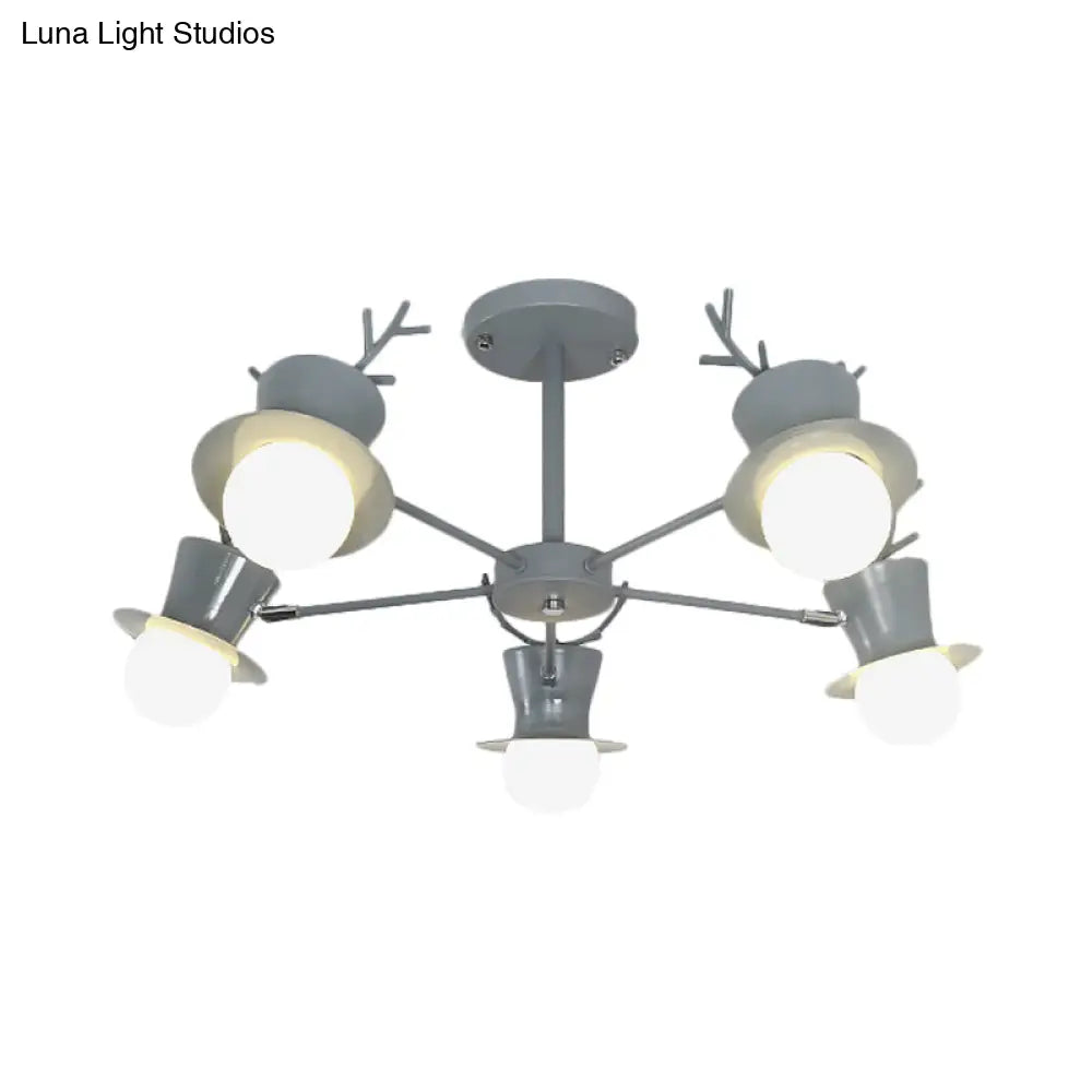 Nordic Grey/Black 5/8-Head Rotatable Chandelier Light With Antler Cap Iron Shade
