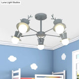 Nordic Grey/Black 5/8-Head Rotatable Chandelier Light With Antler Cap Iron Shade