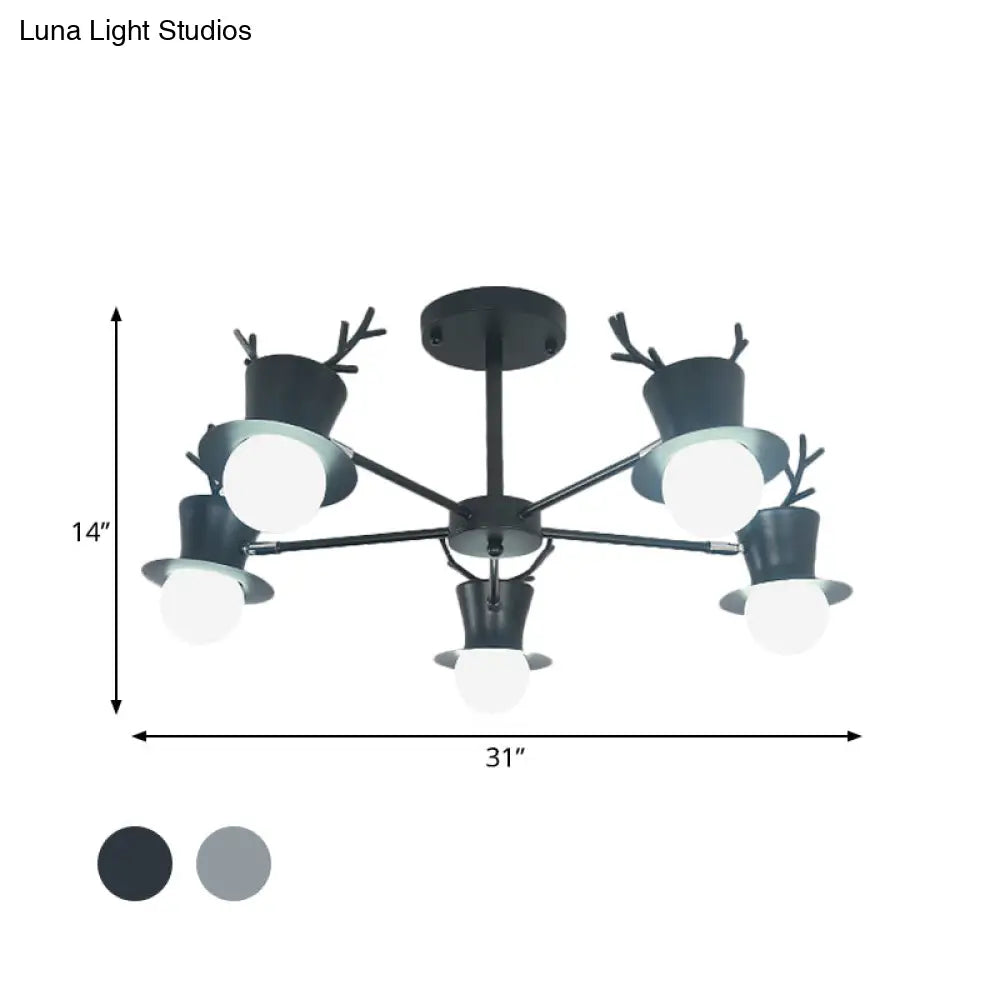 Nordic Grey/Black 5/8-Head Rotatable Chandelier Light With Antler Cap Iron Shade