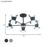 Nordic Grey/Black 5/8-Head Rotatable Chandelier Light With Antler Cap Iron Shade