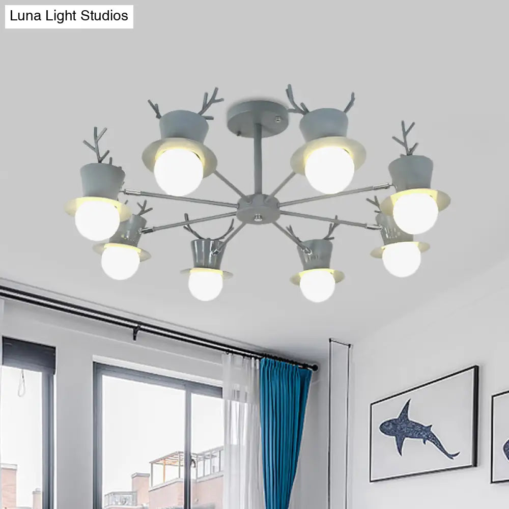 Nordic Grey/Black 5/8-Head Rotatable Chandelier Light With Antler Cap Iron Shade
