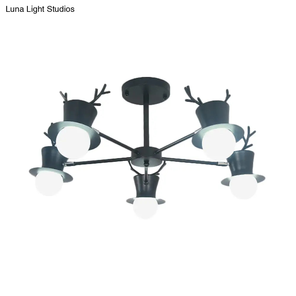 Nordic Grey/Black 5/8-Head Rotatable Chandelier Light With Antler Cap Iron Shade