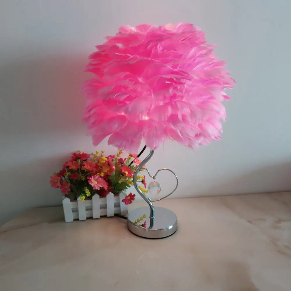 Nordic Grey/Orange/Pink Bedroom Night Lamp - 1-Light Table Light With Feather Shade And Crystal