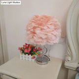 Nordic Grey/Orange/Pink Bedroom Night Lamp - 1-Light Table Light With Feather Shade And Crystal
