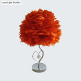 Nordic Grey/Orange/Pink Bedroom Night Lamp - 1-Light Table Light With Feather Shade And Crystal