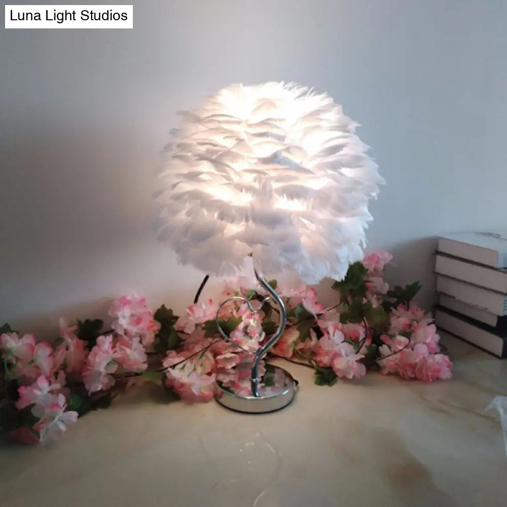 Nordic Grey/Orange/Pink Bedroom Night Lamp - 1-Light Table Light With Feather Shade And Crystal