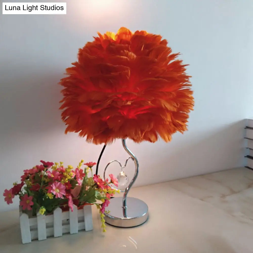 Nordic Grey/Orange/Pink Bedroom Night Lamp - 1-Light Table Light With Feather Shade And Crystal