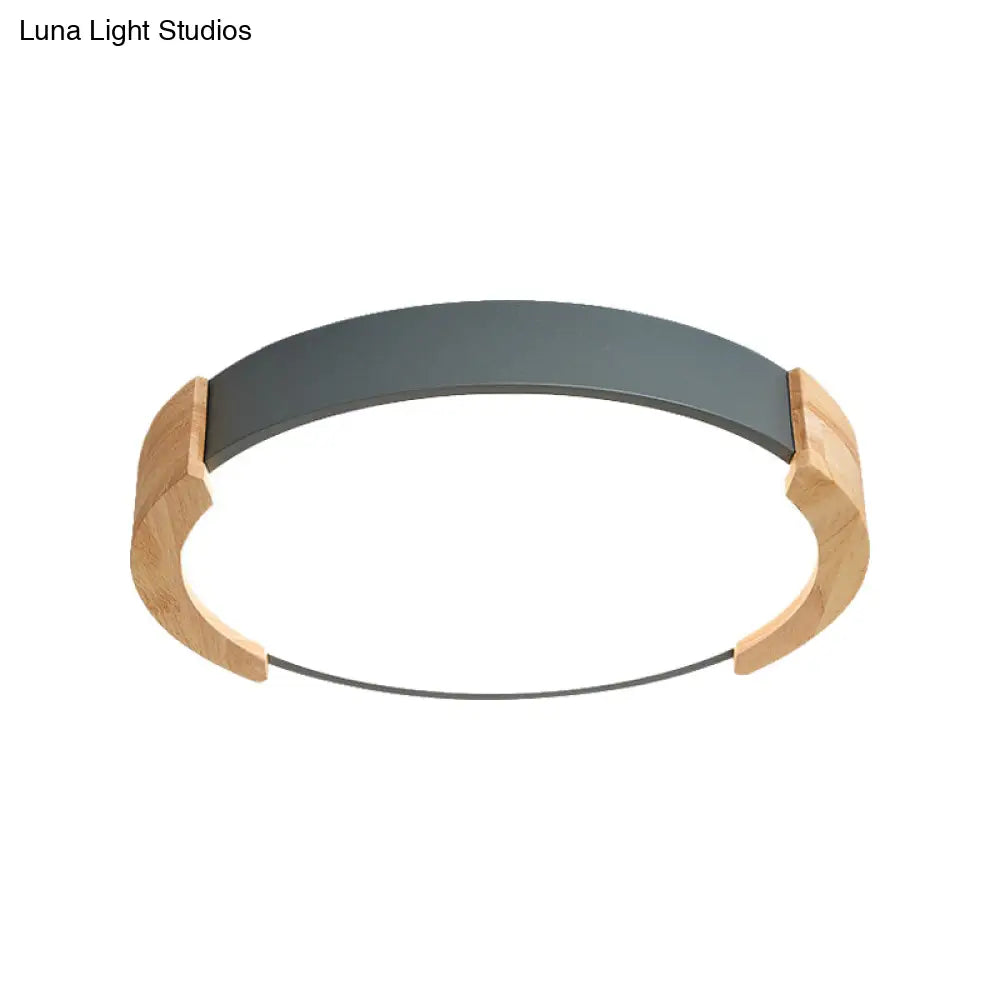 Nordic Grey/White/Green Round Flush Light With Wood Side Guard - Ceiling Mounted Fixture For Bedroom