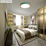 Nordic Grey/White/Green Round Flush Light With Wood Side Guard - Ceiling Mounted Fixture For Bedroom