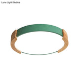 Nordic Grey/White/Green Round Flush Light With Wood Side Guard - Ceiling Mounted Fixture For Bedroom
