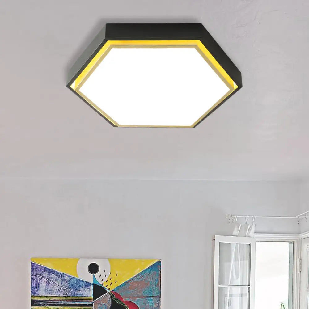 Nordic Hexagon Flushmount Metal Led Ceiling Light - Black/Green/Grey/White 16/19.5 Wide Frosted