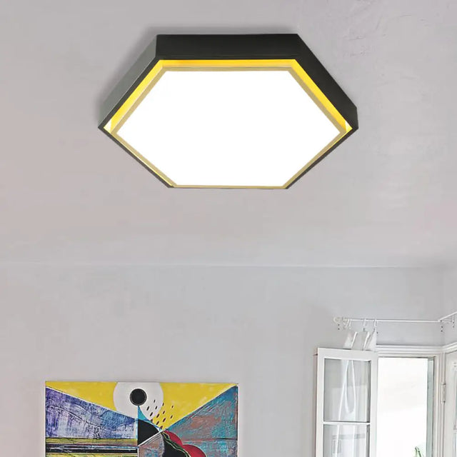 Nordic Hexagon Flushmount Metal Led Ceiling Light - Black/Green/Grey/White 16/19.5 Wide Frosted