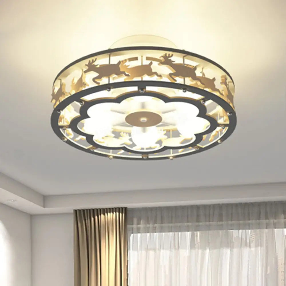 Nordic Iron Drum Ceiling Light Fixture 6-Bulb Semi Flush Mount Grey With Wood Elk Decor