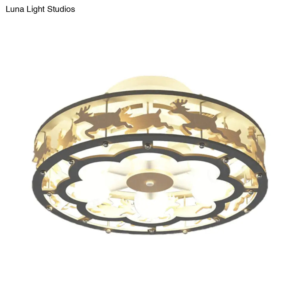 Nordic Iron Drum Ceiling Light Fixture 6-Bulb Semi Flush Mount Grey With Wood Elk Decor