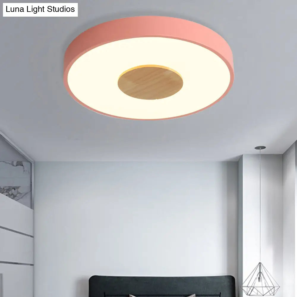 Nordic Iron Round Flush Mount Ceiling Light - 1 Head Pink/Blue/White Lighting Fixture For Bedroom