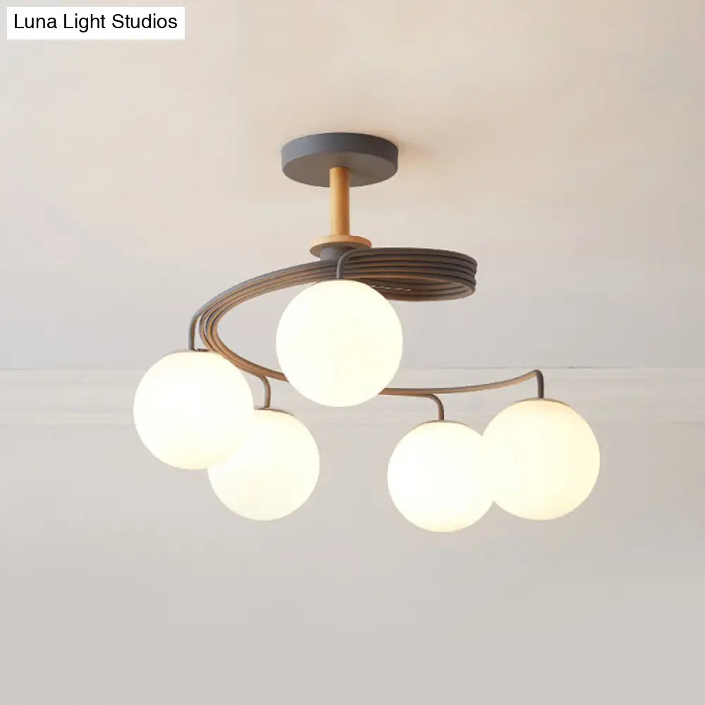 Nordic Iron Swirl Flush Chandelier With 5 Bulbs Grey/Green Semi Ceiling Light Featuring Orb Glass