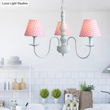 Nordic Kids Chandelier - Restaurant Plaid Fabric Suspension Light With 3 Bulbs