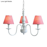 Nordic Kids Chandelier - Restaurant Plaid Fabric Suspension Light With 3 Bulbs