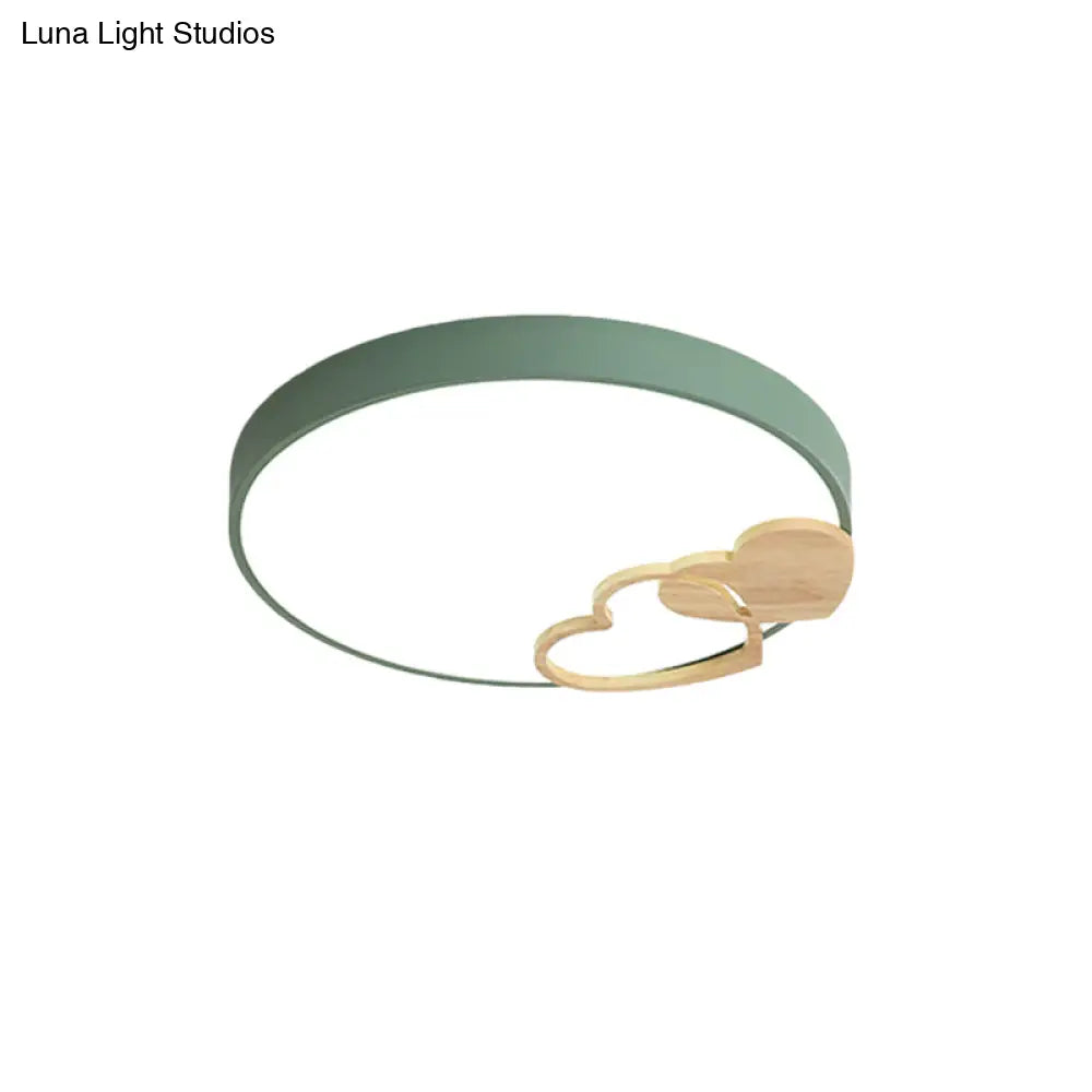 Nordic Led Acrylic Drum Flush Mount Ceiling Light With Heart Decor In Gray/White/Green
