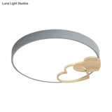 Nordic Led Acrylic Drum Flush Mount Ceiling Light With Heart Decor In Gray/White/Green