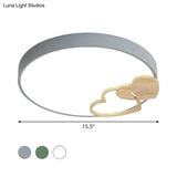 Nordic Led Acrylic Drum Flush Mount Ceiling Light With Heart Decor In Gray/White/Green