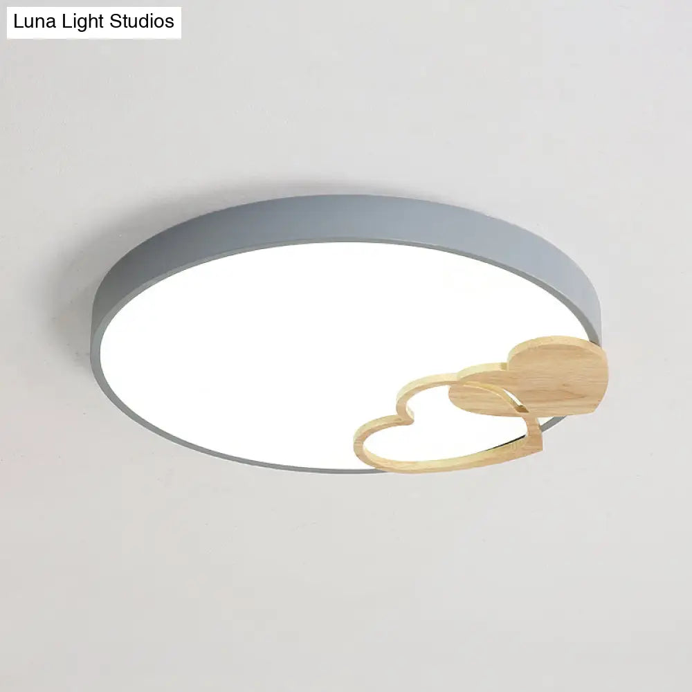 Nordic Led Acrylic Drum Flush Mount Ceiling Light With Heart Decor In Gray/White/Green