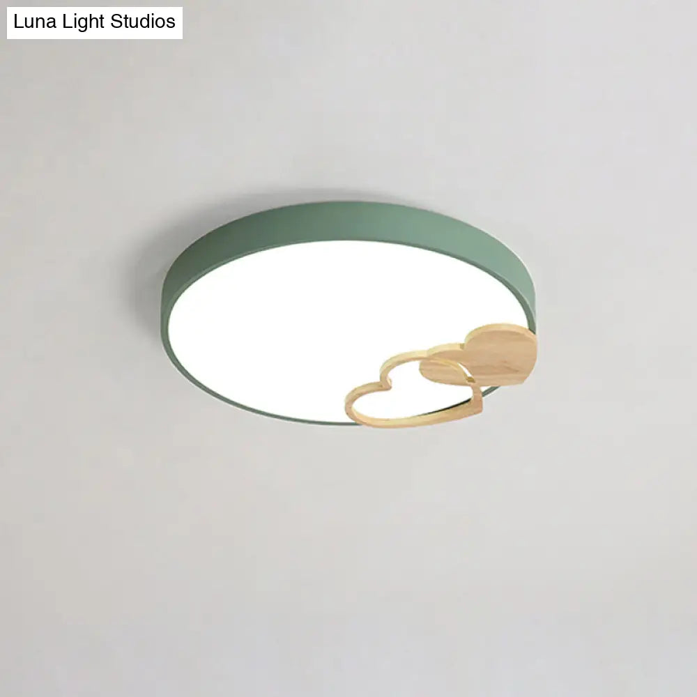 Nordic Led Acrylic Drum Flush Mount Ceiling Light With Heart Decor In Gray/White/Green