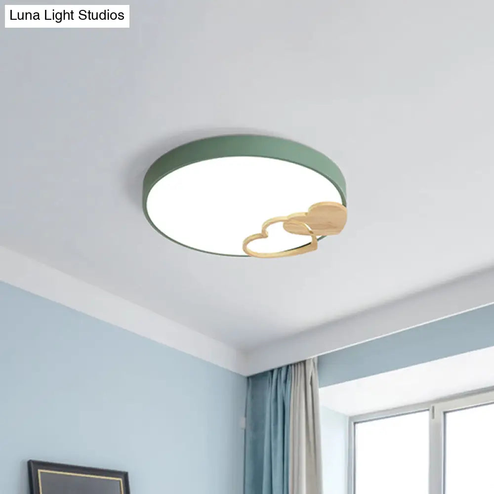 Nordic Led Acrylic Drum Flush Mount Ceiling Light With Heart Decor In Gray/White/Green