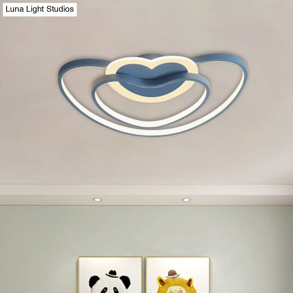 Nordic Led Ceiling Flush Light With Dual Loving Heart Frame In White Pink Or Blue Acrylic Shade