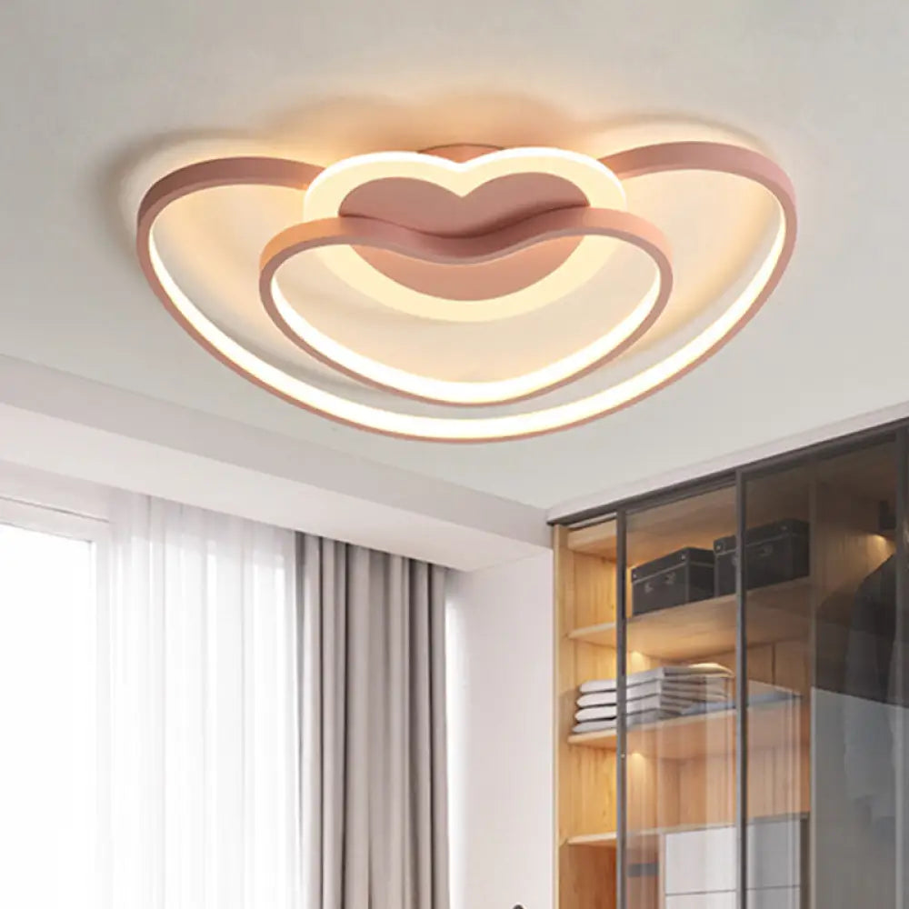 Nordic Led Ceiling Flush Light With Dual Loving Heart Frame In White Pink Or Blue Acrylic Shade