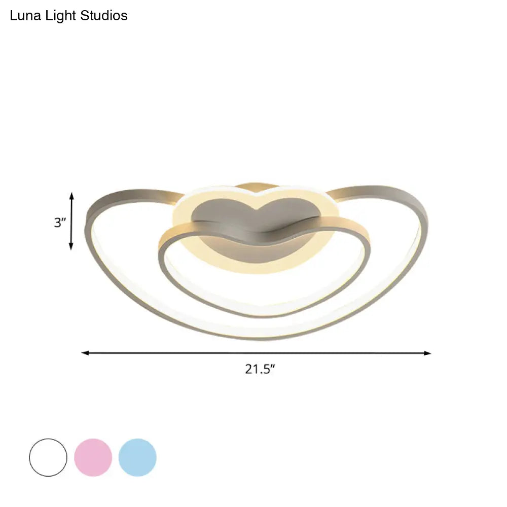 Nordic Led Ceiling Flush Light With Dual Loving Heart Frame In White Pink Or Blue Acrylic Shade