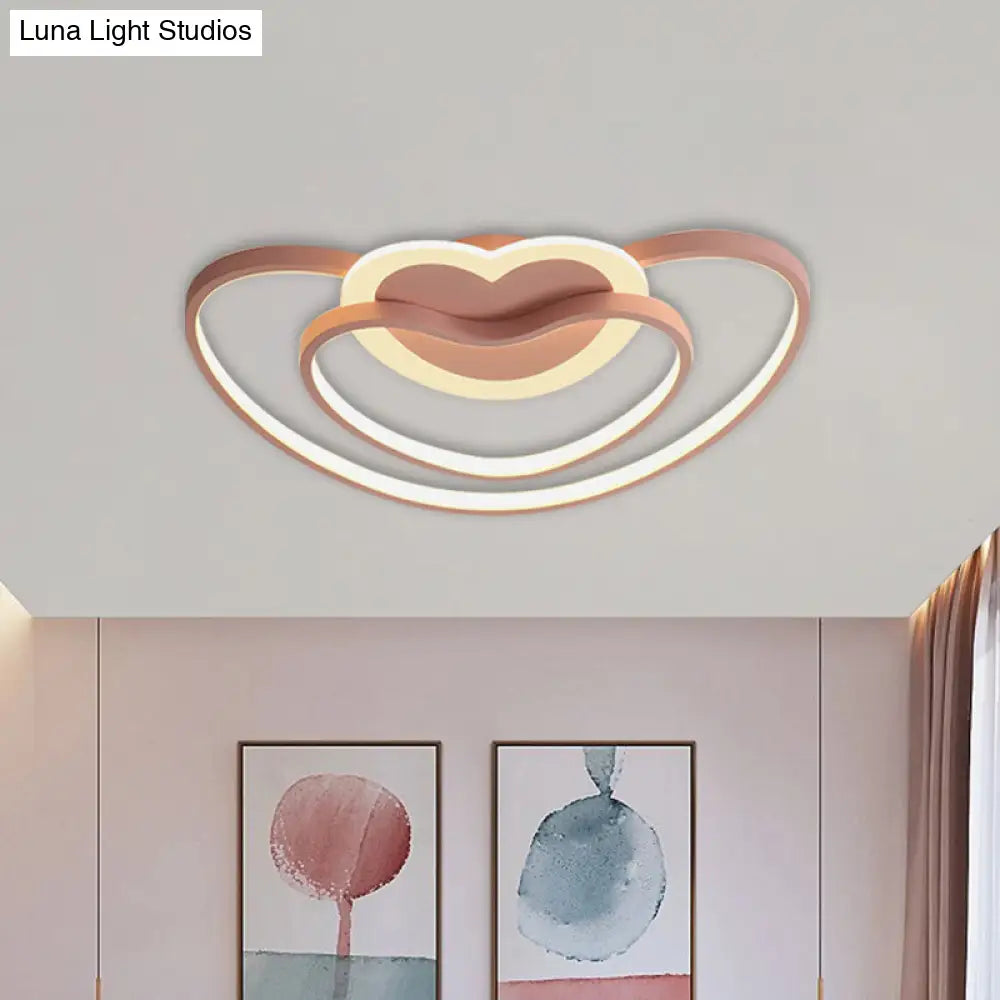 Nordic Led Ceiling Flush Light With Dual Loving Heart Frame In White Pink Or Blue Acrylic Shade