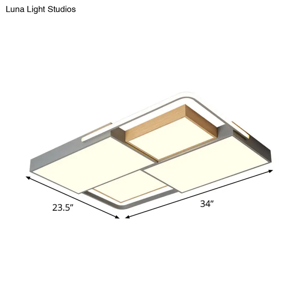 Nordic Led Ceiling Light - 20.5’ X 34’ Acrylic Grey & Wood Flush Mount With Grid Design Warm/White