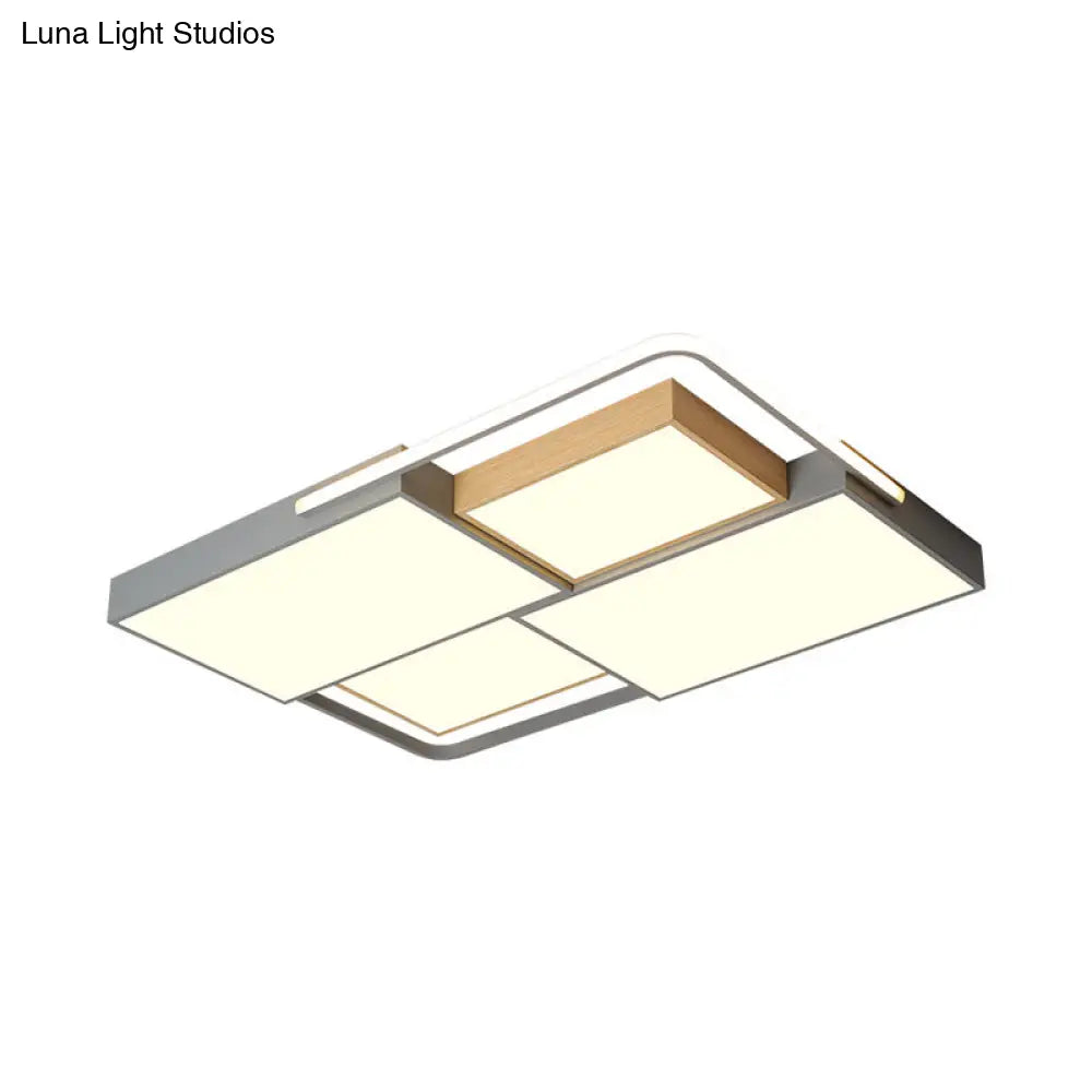 Nordic Led Ceiling Light - 20.5’ X 34’ Acrylic Grey & Wood Flush Mount With Grid Design Warm/White