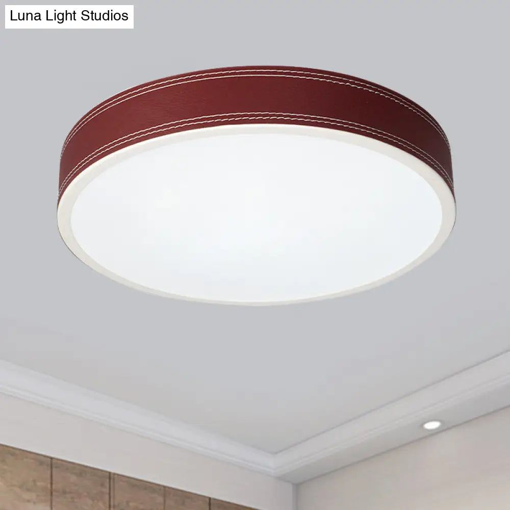 Nordic Led Disk Ceiling Light – Red/Blue/Green Leather Flush Mount For Bedroom Warm/White