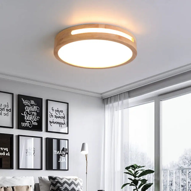 Nordic Led Flush Ceiling Light With Natural Wood Drum Design Warm/White Lighting 12/16/19.5 Diameter